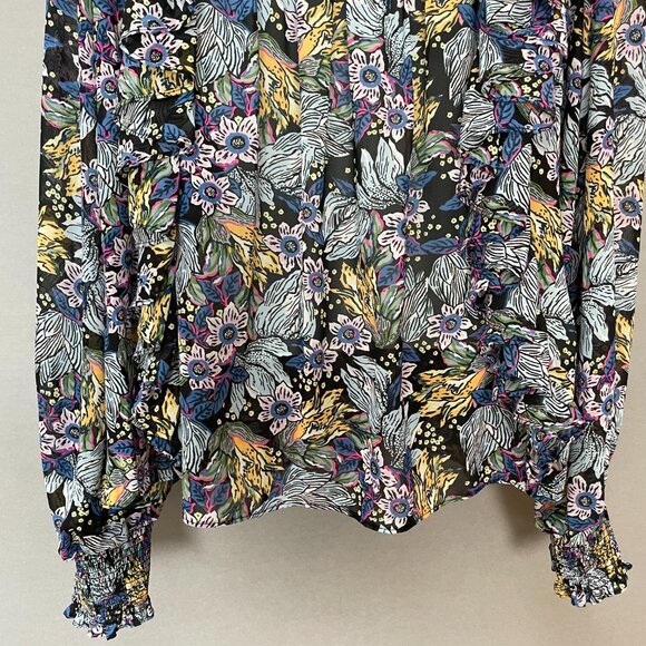 Floral Blouse Sheer Long Sleeve FLAWED Shirred Smocked Ruffles Blue Long Sleeve - Picture 6 of 15